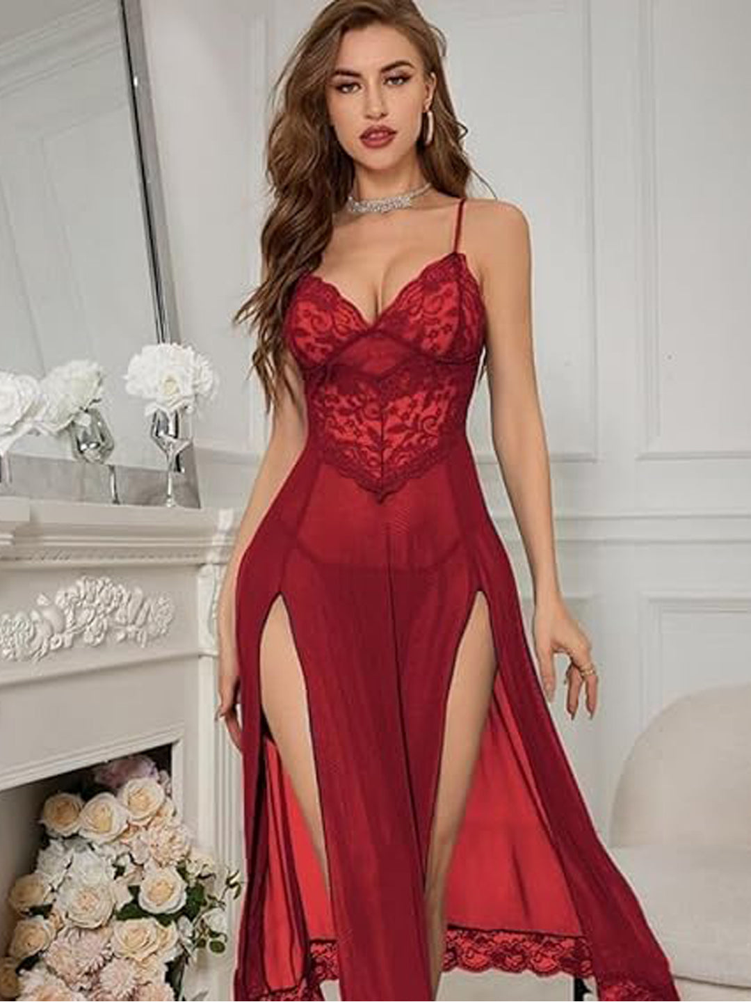 Red Lace Maxi Lingerie Gown with High Slits