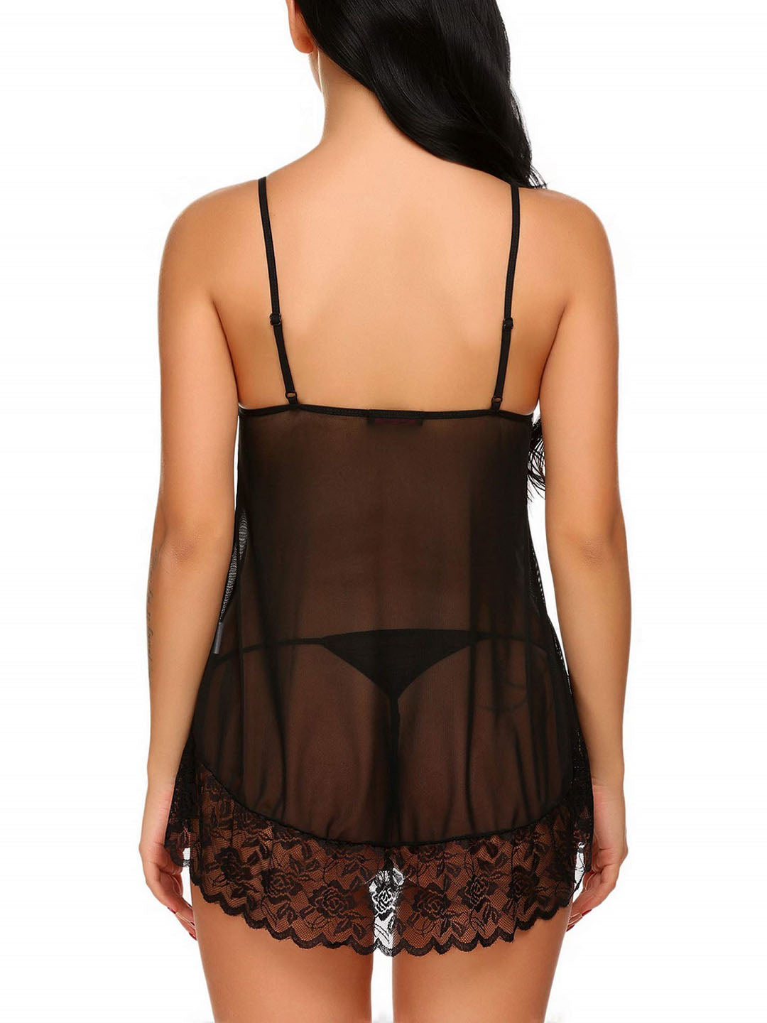 Honeydoll Midnight Noir Sheer Lace Babydoll Chemise with G-String Black