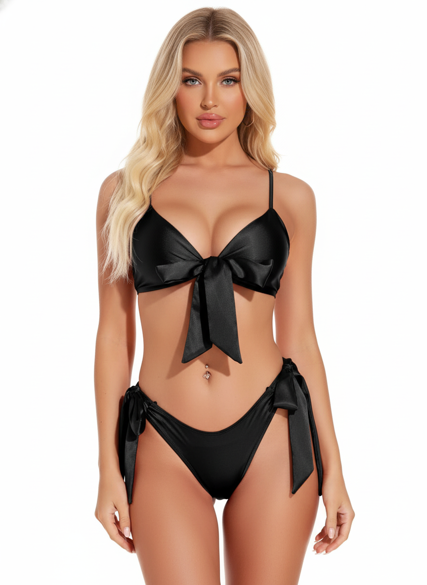 Honeydoll Blush Silk-Satin Tie-Up Bikini Set - Luxury 2-Piece Nightwear Black