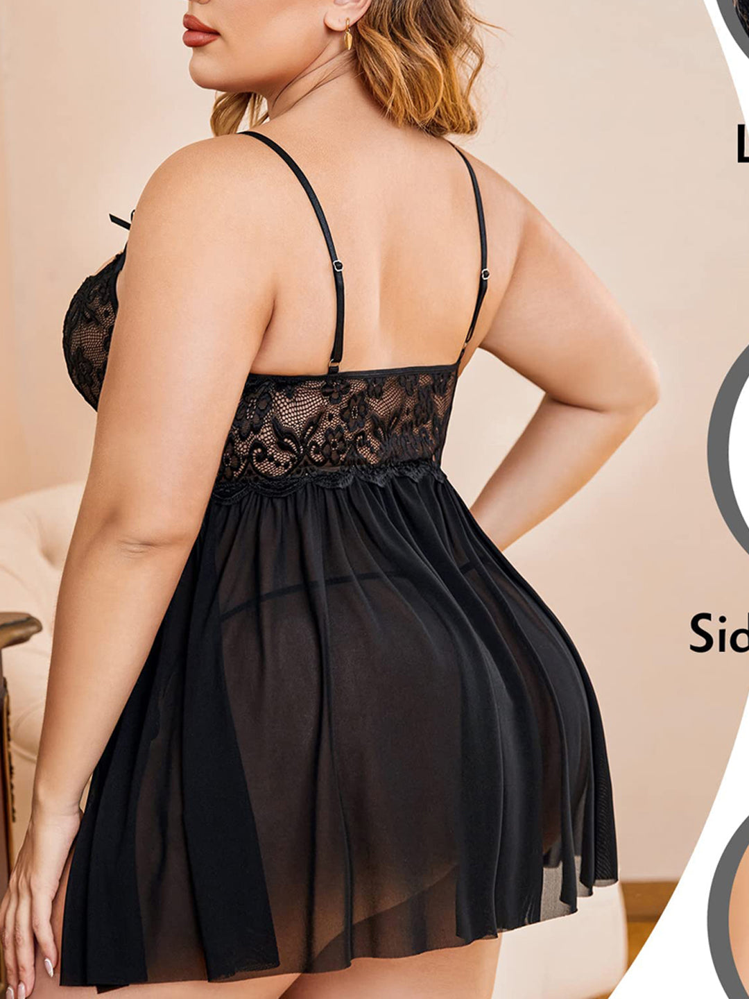 Honeydoll Plus Size Black Lace Babydoll Nightdress – V Neck Sheer Lingerie with Side Slit