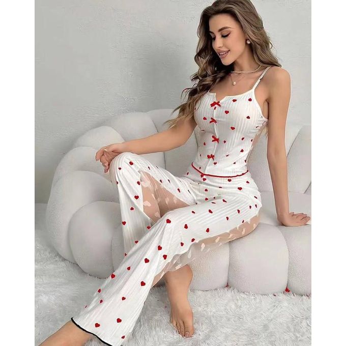 Honeydoll Back Transperent Heart Charm Ribbed Nightwear Set – Premium Cami Top & Lounge Pants