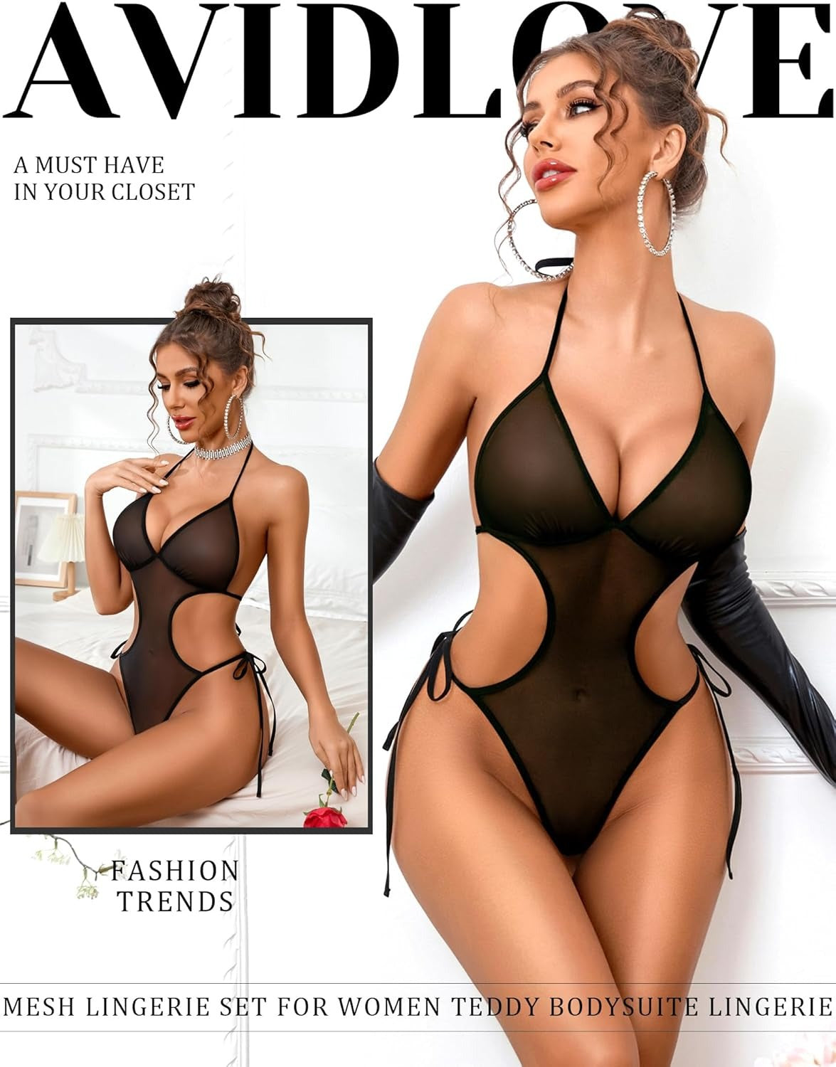 Honeydoll Allure Sheer Mesh Teddy | High-Cut Halter Bodysuit
