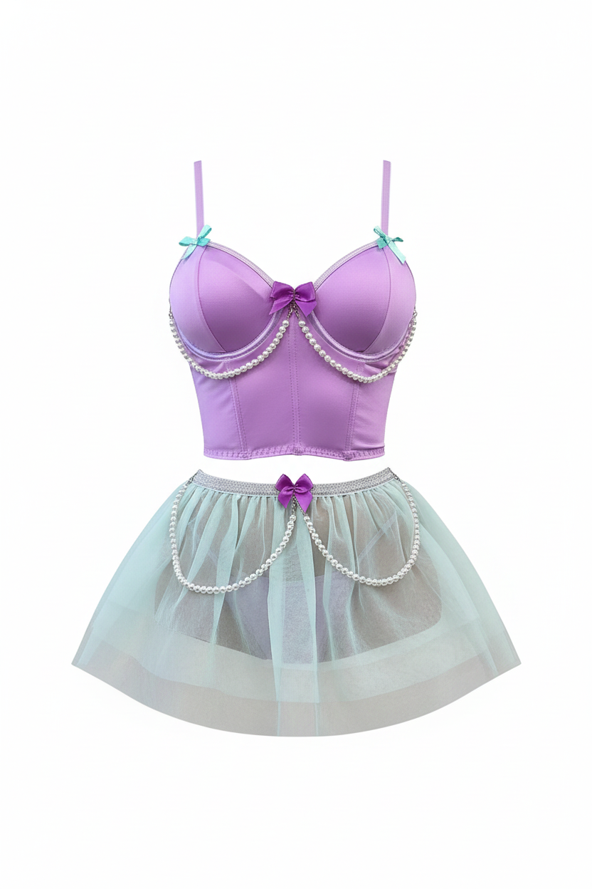 Lavender Satin Corset Lingerie Set with Sheer Skirt for Women