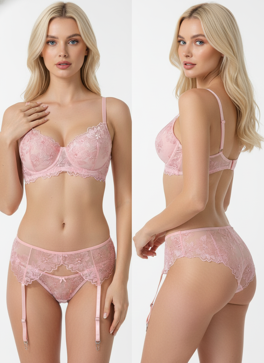 PINK Floral Embroidered Bra & Garter Panty Set