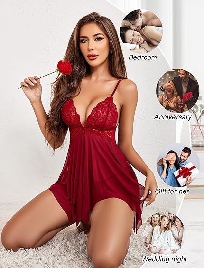 Sexy Lace Babydoll Lingerie Dress Set | Deep V Mesh Nightwear | Adjustable Straps | Soft & Flowy | Discreet Packaging
