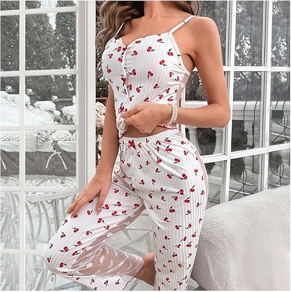 Honeydoll Back Transperent Heart Charm Ribbed Nightwear Set – Premium Cami Top & Lounge Pants