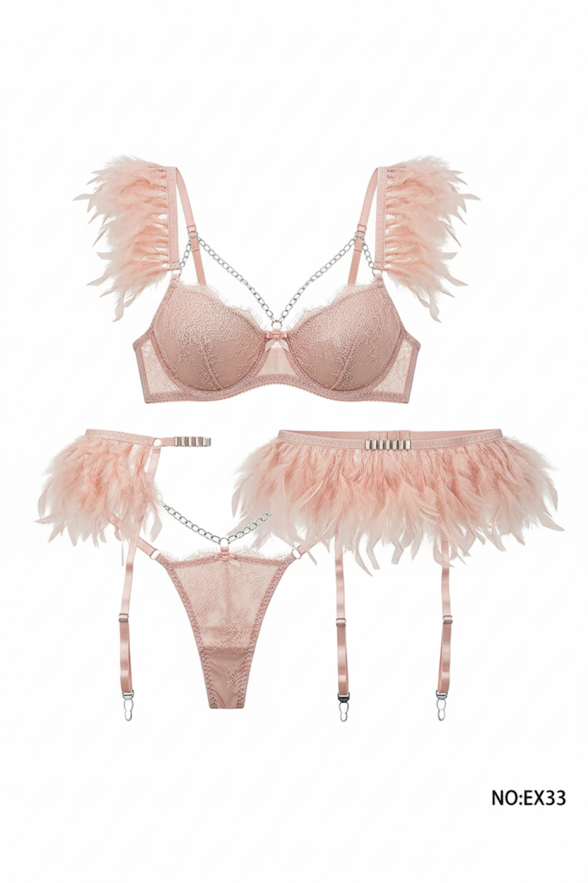 Women’s Peach Feather Lace Lingerie Set with Chain Details & Garter Belt