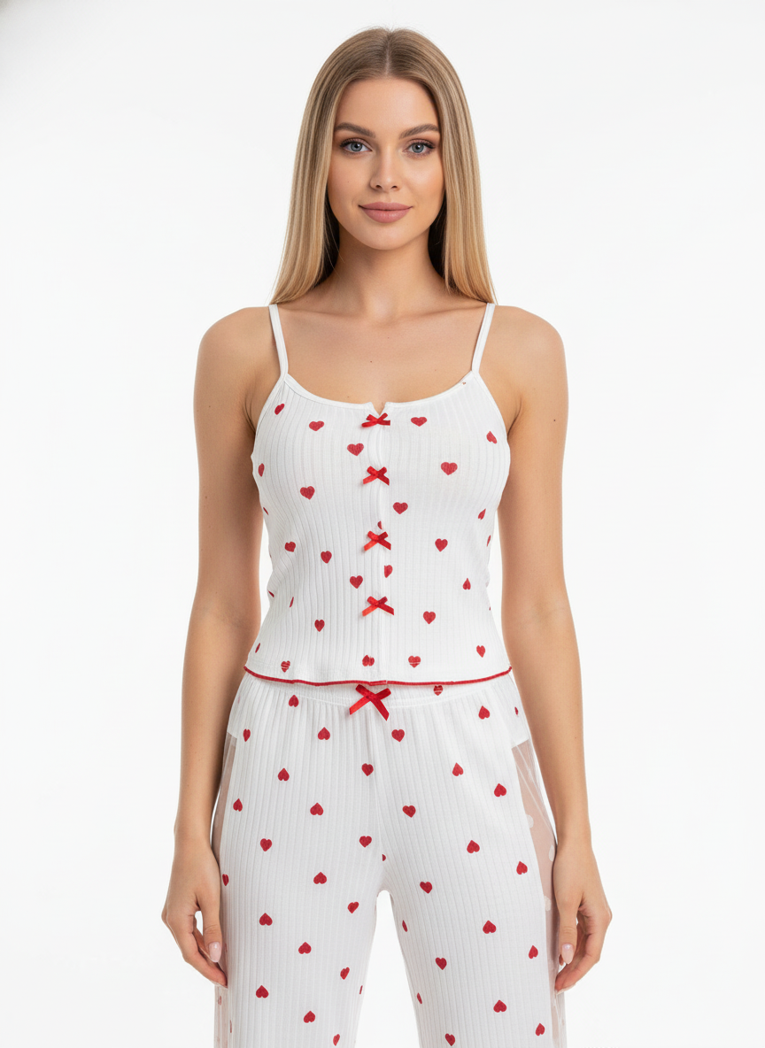 Honeydoll Heart Charm Ribbed Nightwear Set – Premium Cami Top & Lounge Pants