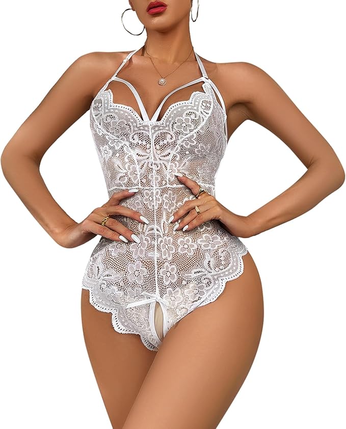 Dream Love Women Lace Teddy Lingerie One Piece Sexy Strappy Bodysuit Naughty Babydoll White