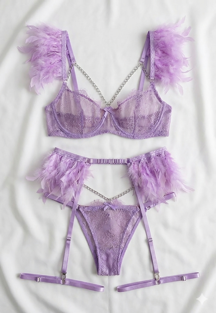 Lavender Feather Lace Lingerie Set with Chain Details
