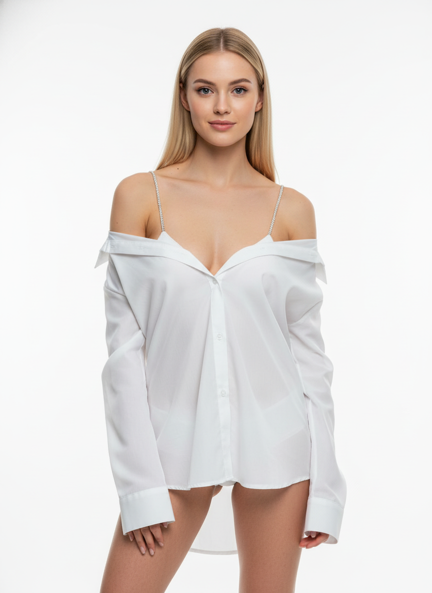 Honeydoll Luxe Sheer Off-Shoulder Satin Shirt – Premium Evening Wear