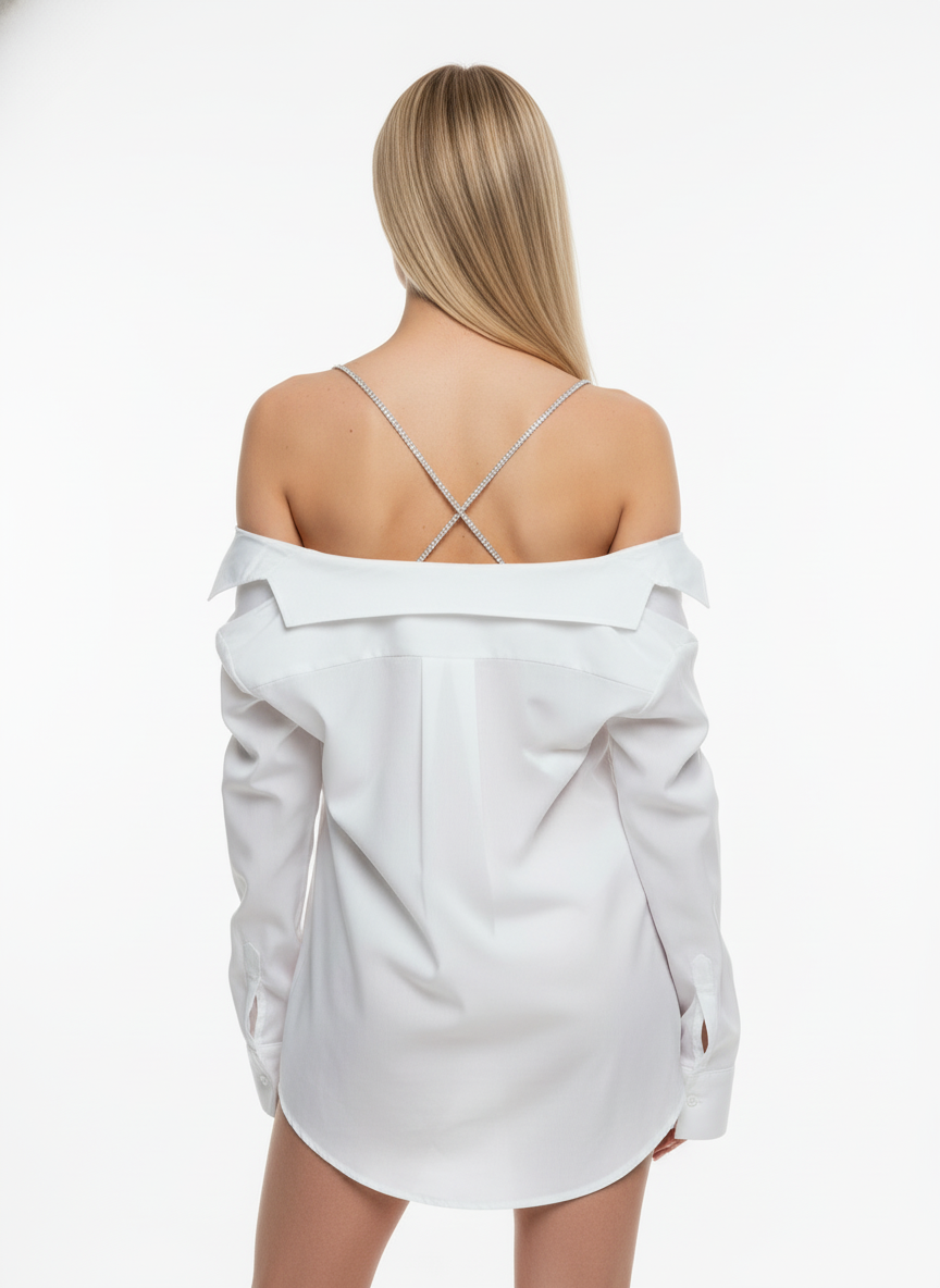 Honeydoll Luxe Sheer Off-Shoulder Satin Shirt – Premium Evening Wear