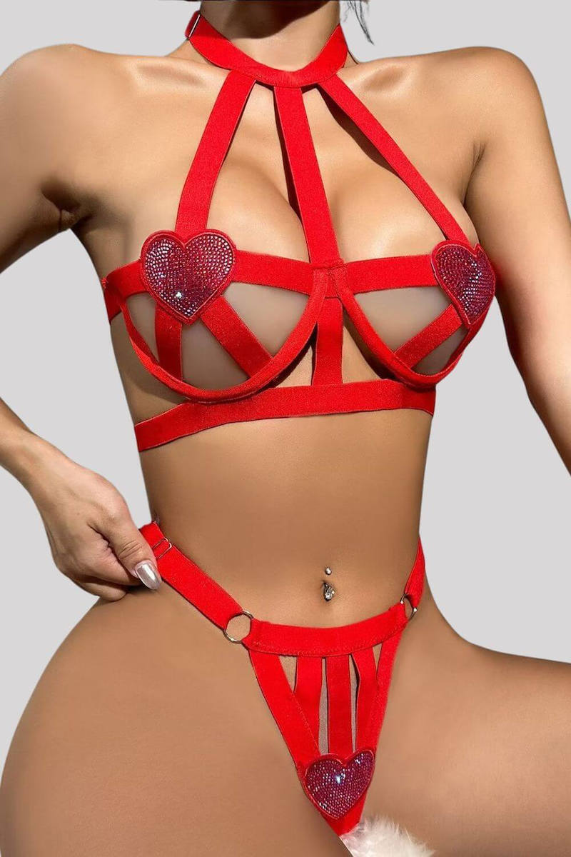 Honeydoll Red Heart Strappy Lingerie Set – Premium Sexy Bra & Panty Set for Women
