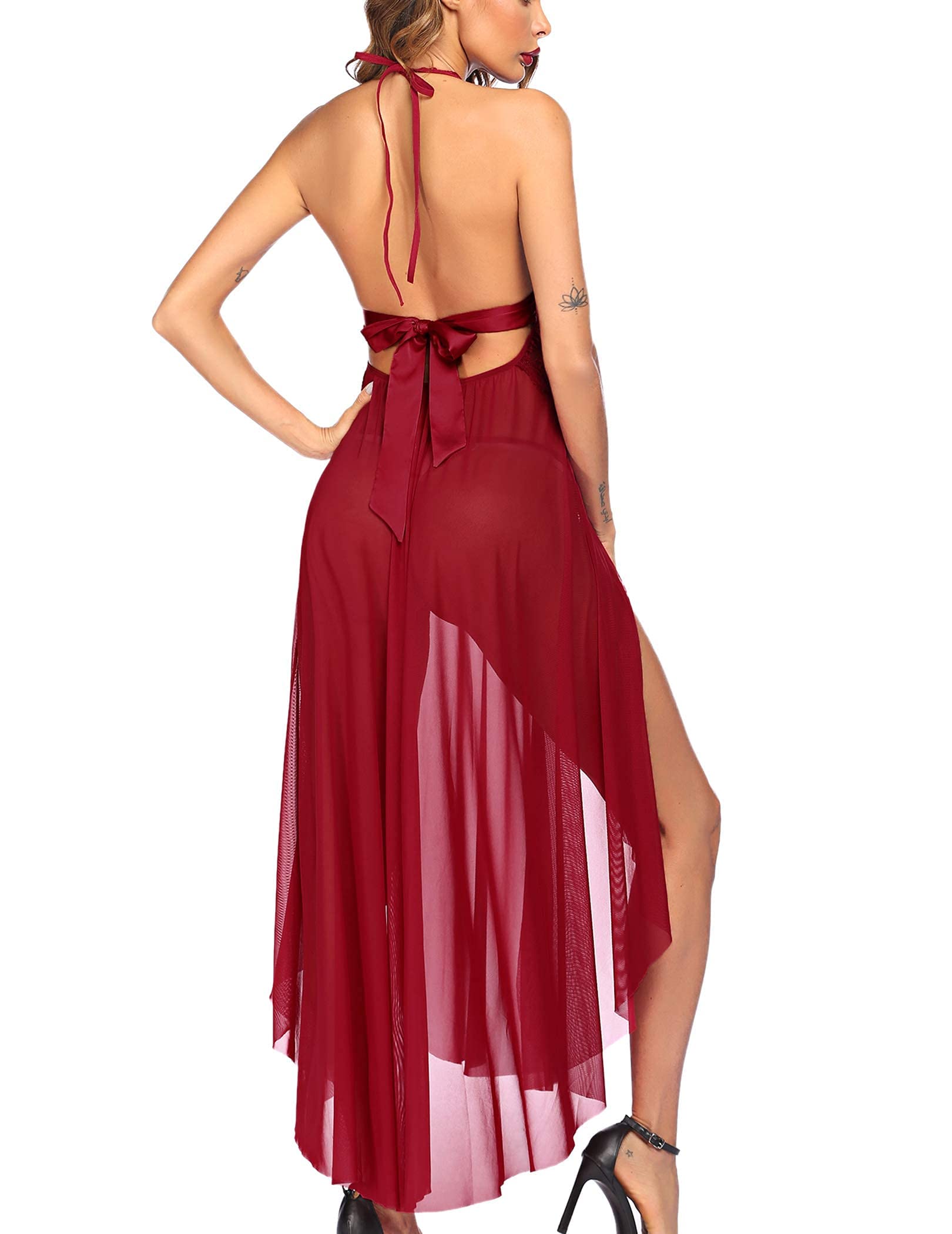 The Midnight Temptress Marron Lace Halter Gown with Double Slits