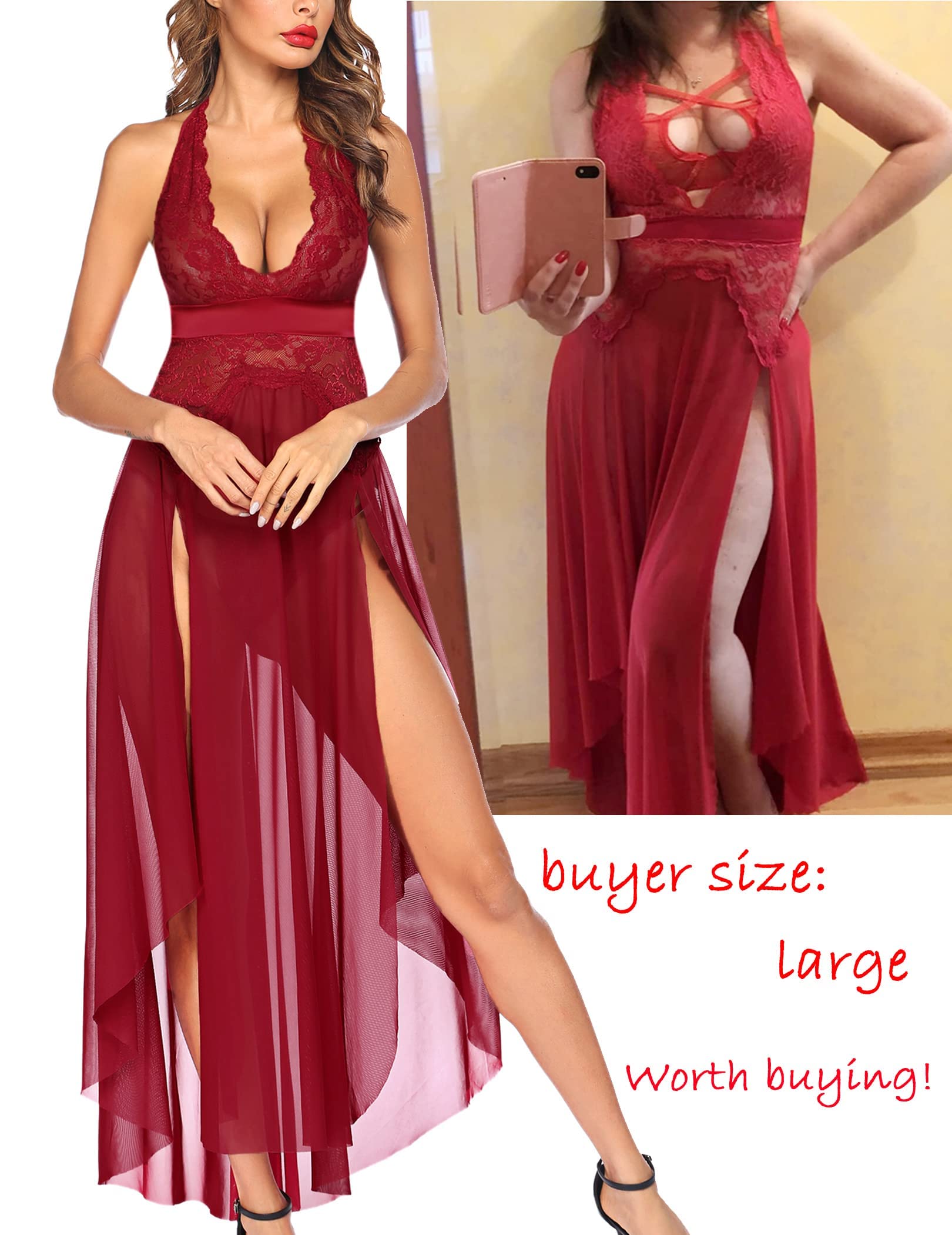 The Midnight Temptress Marron Lace Halter Gown with Double Slits