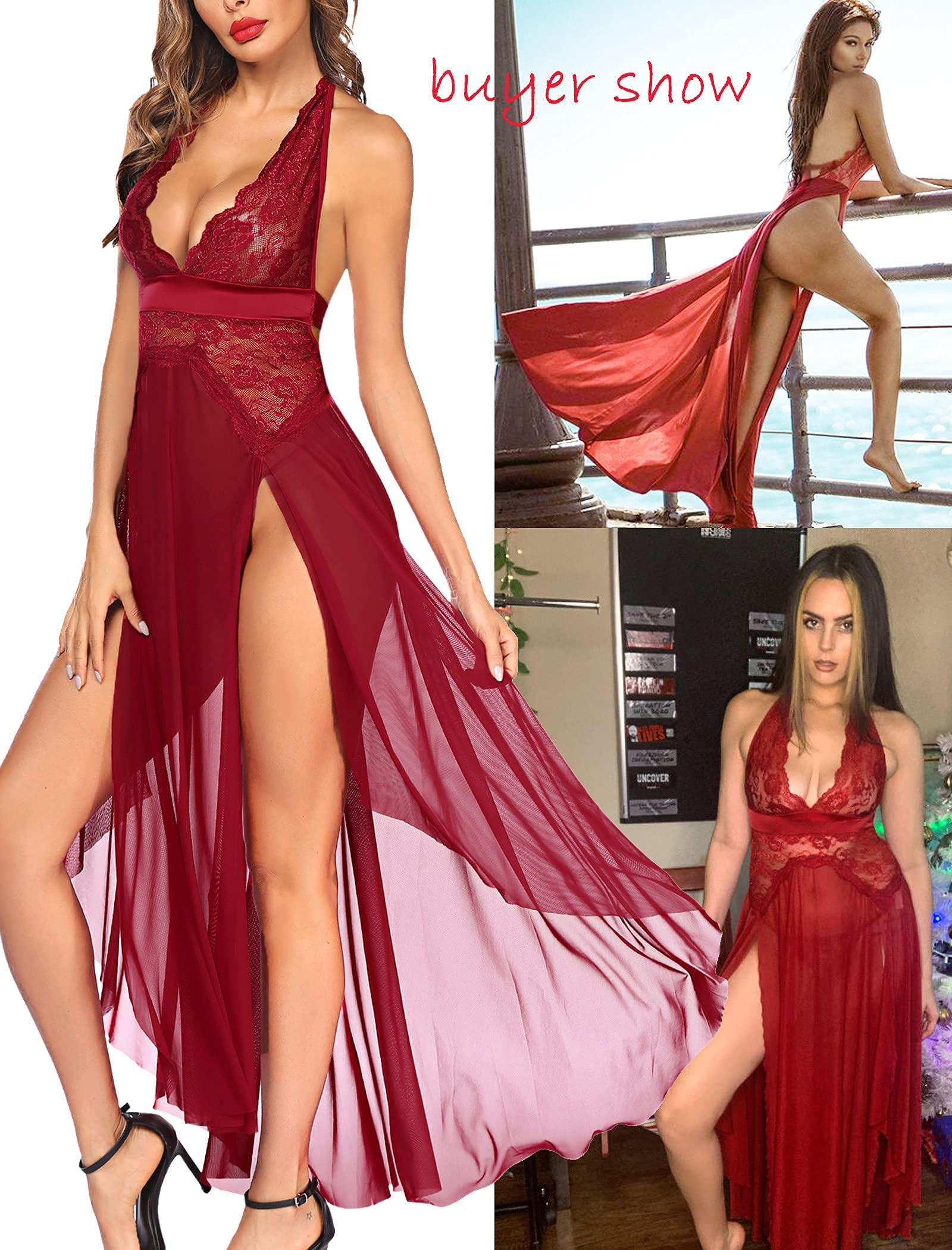 The Midnight Temptress Marron Lace Halter Gown with Double Slits