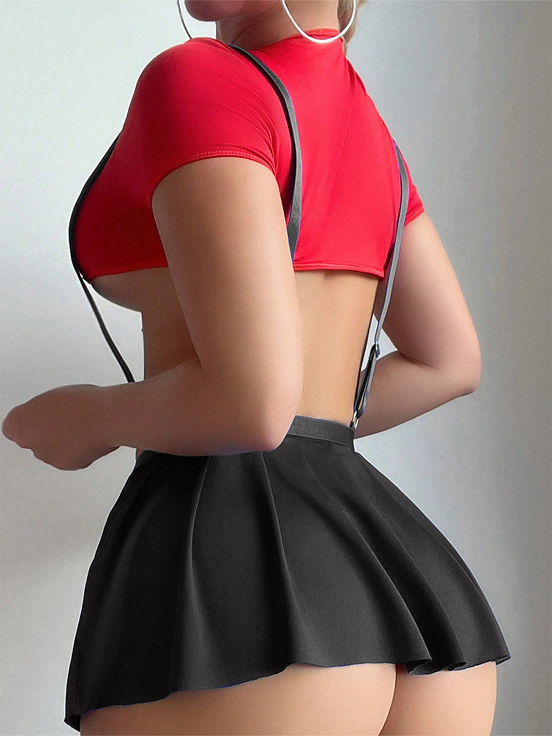 Honeydoll Playful Charm Black Pleated Suspender Mini Skirt | Yellow Button Details