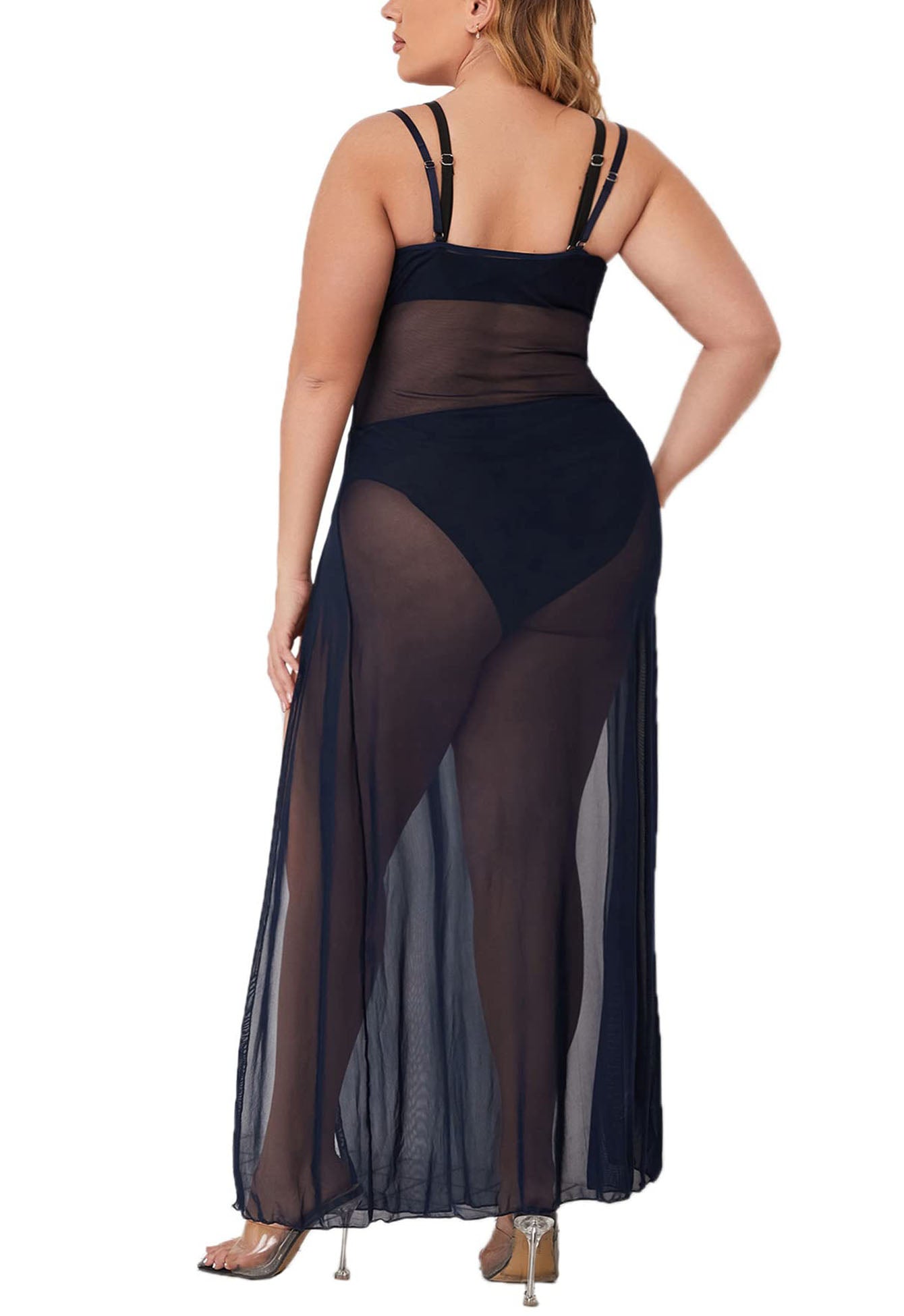 Women’s Navy Sheer Slit Nightdress – Elegant Mesh Lingerie with High Side Cut