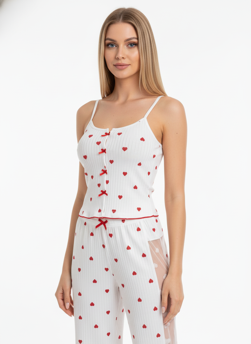 Honeydoll Heart Charm Ribbed Nightwear Set – Premium Cami Top & Lounge Pants