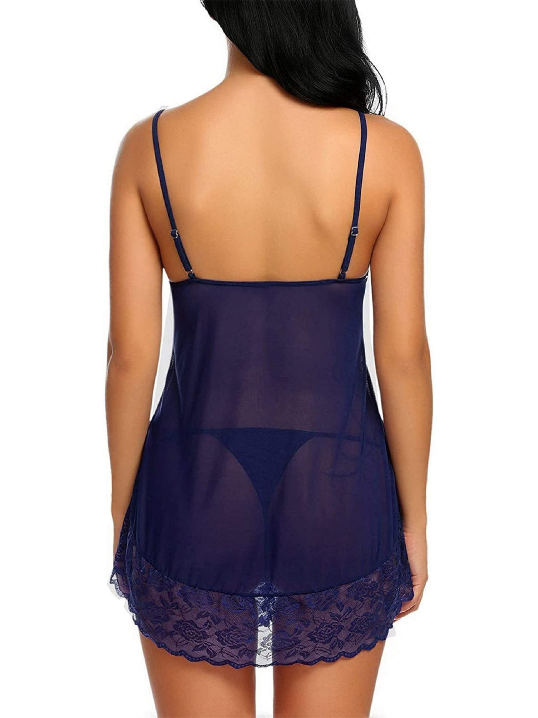 Honeydoll Midnight Noir Sheer Lace Babydoll Chemise with G-String (Navy Blue)