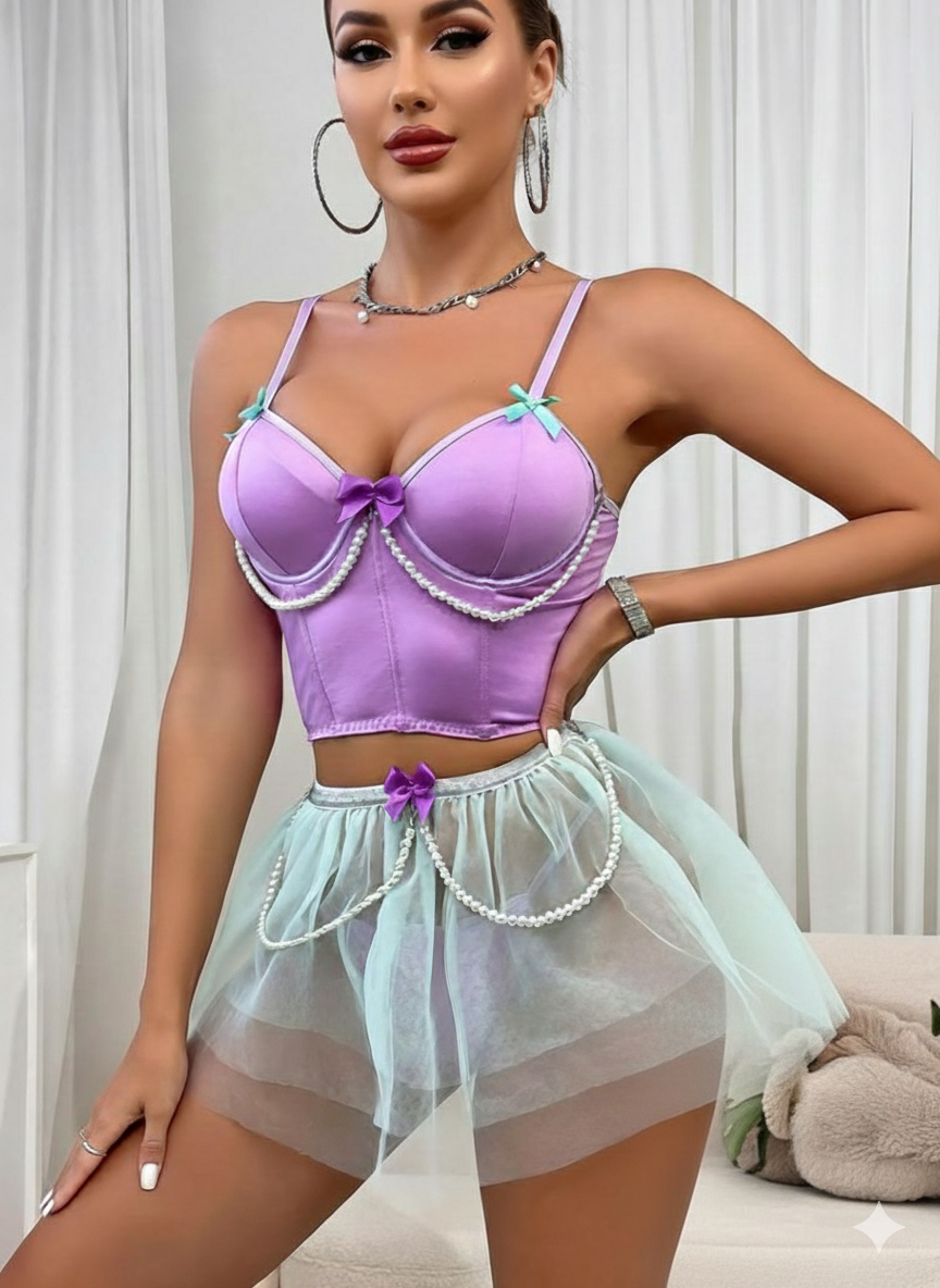 Lavender Satin Corset Lingerie Set with Sheer Skirt for Women