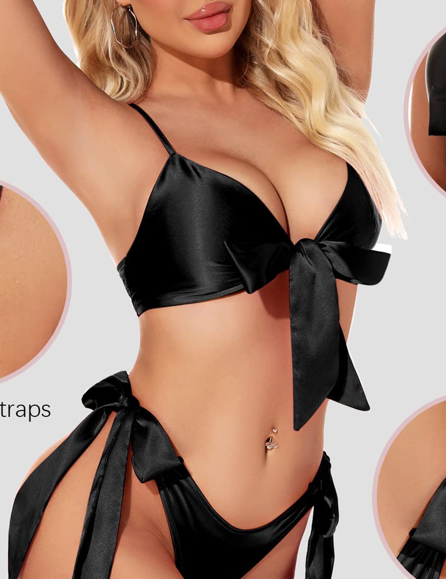 Honeydoll Blush Silk-Satin Tie-Up Bikini Set - Luxury 2-Piece Nightwear Black