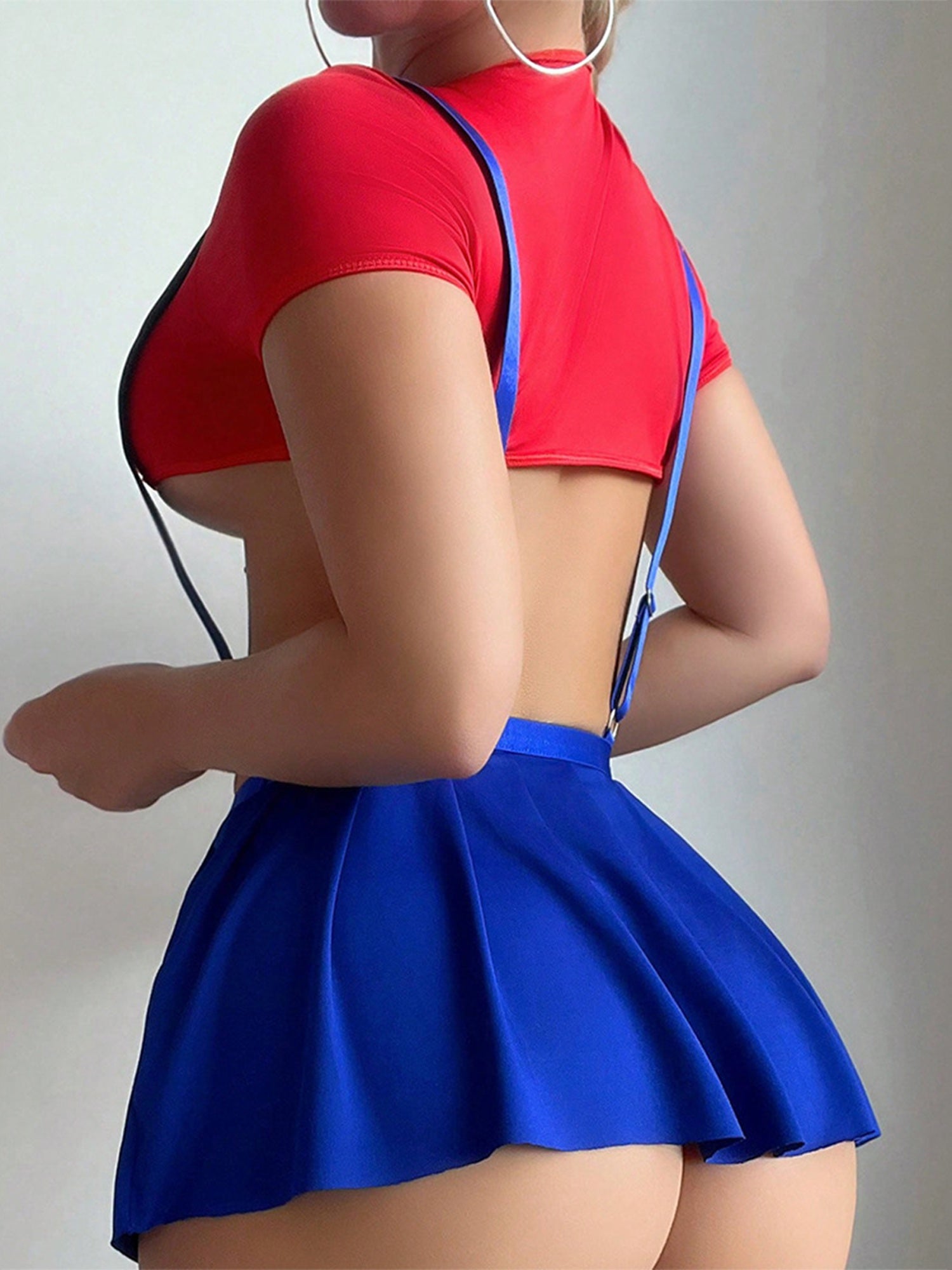 Honeydoll Playful Charm BLUE Pleated Suspender Mini Skirt | Yellow Button Details