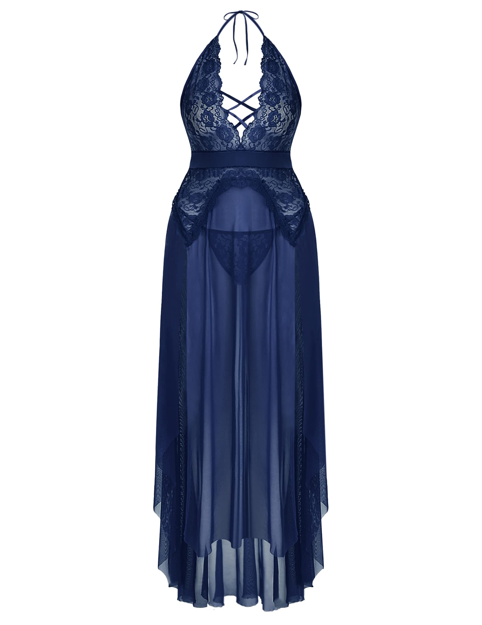 Women’s Navy Lace Criss-Cross Nightdress – Sheer Split Lingerie with Satin Waistband