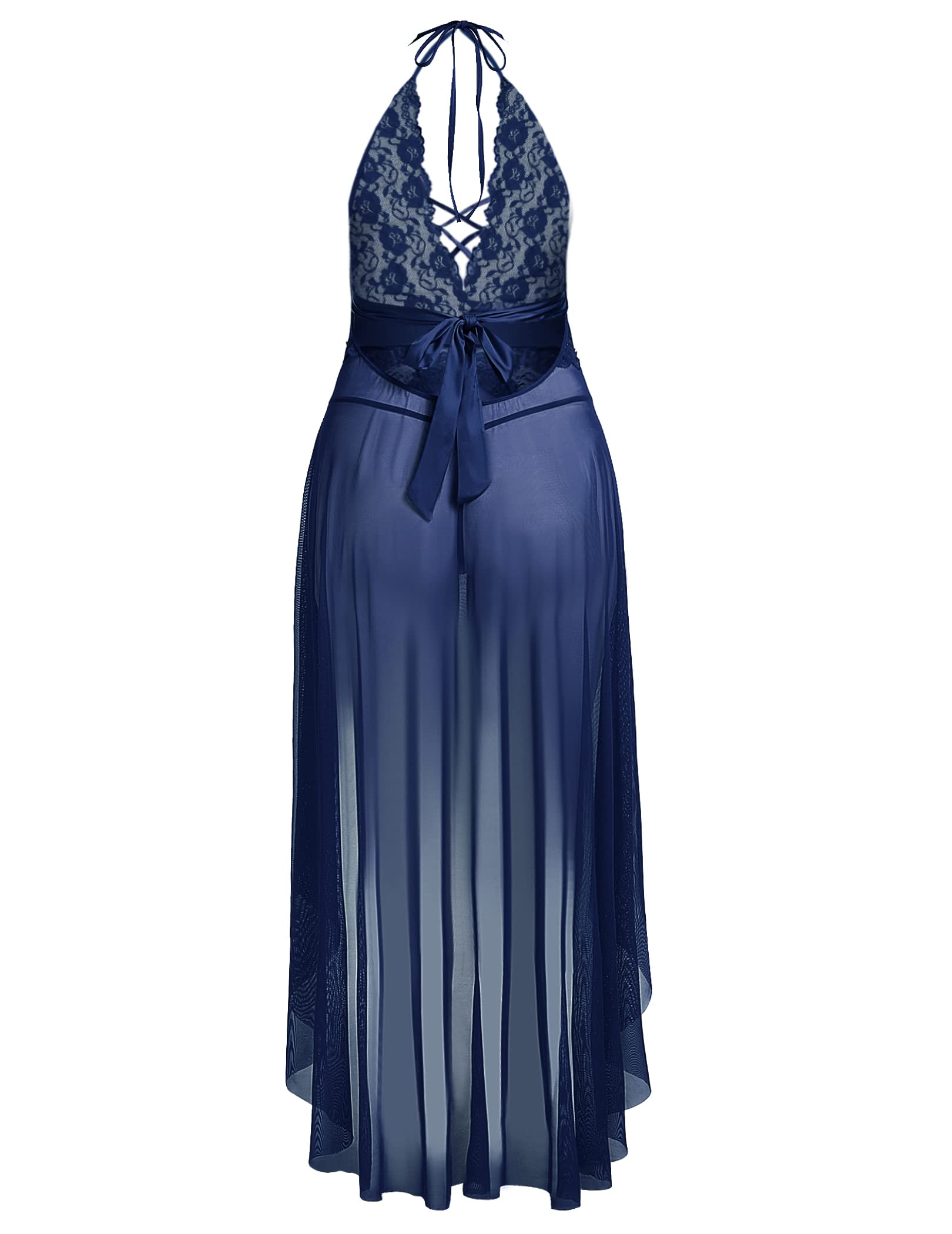 Women’s Navy Lace Criss-Cross Nightdress – Sheer Split Lingerie with Satin Waistband