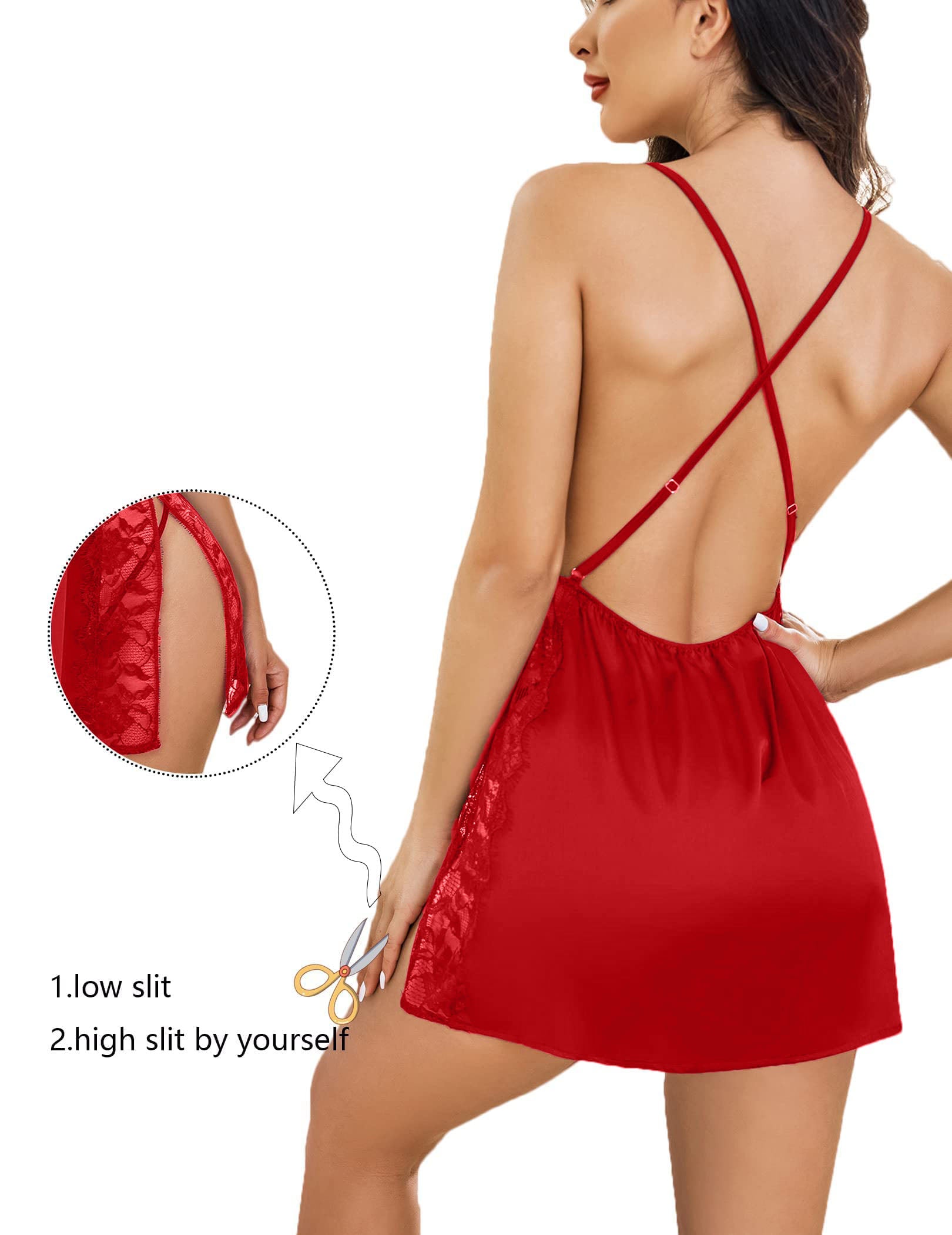 Women’s Lace Babydoll Nightdress – Deep V Neck with Adjustable Side Slit (RED)
