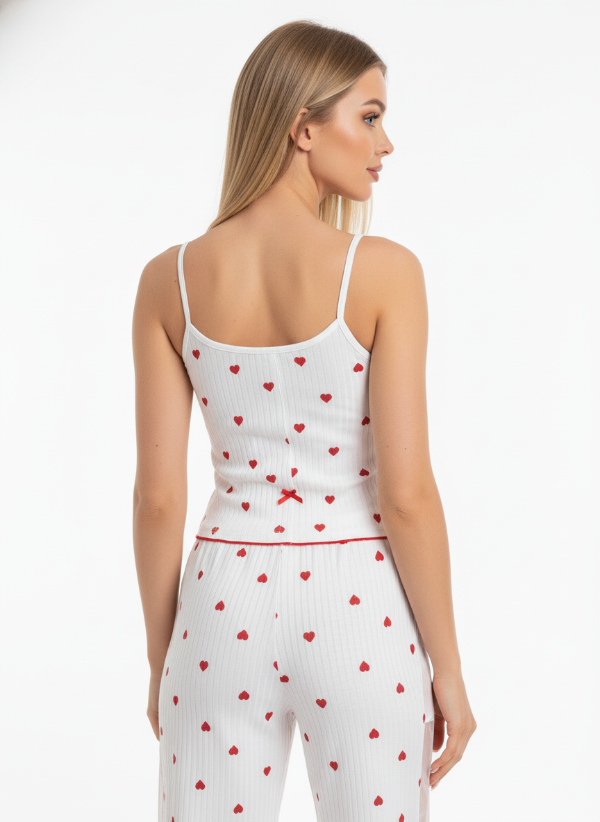 Honeydoll Heart Charm Ribbed Nightwear Set – Premium Cami Top & Lounge Pants