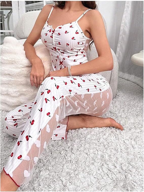 Honeydoll Back Transperent Heart Charm Ribbed Nightwear Set – Premium Cami Top & Lounge Pants