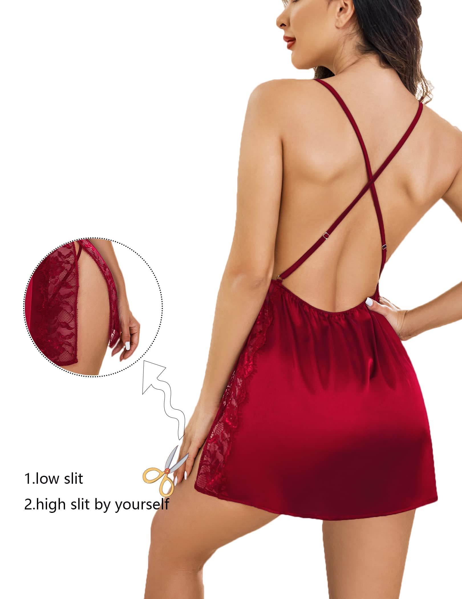 Women’s Marron Lace Babydoll Nightdress – Deep V Neck with Adjustable Side Slit