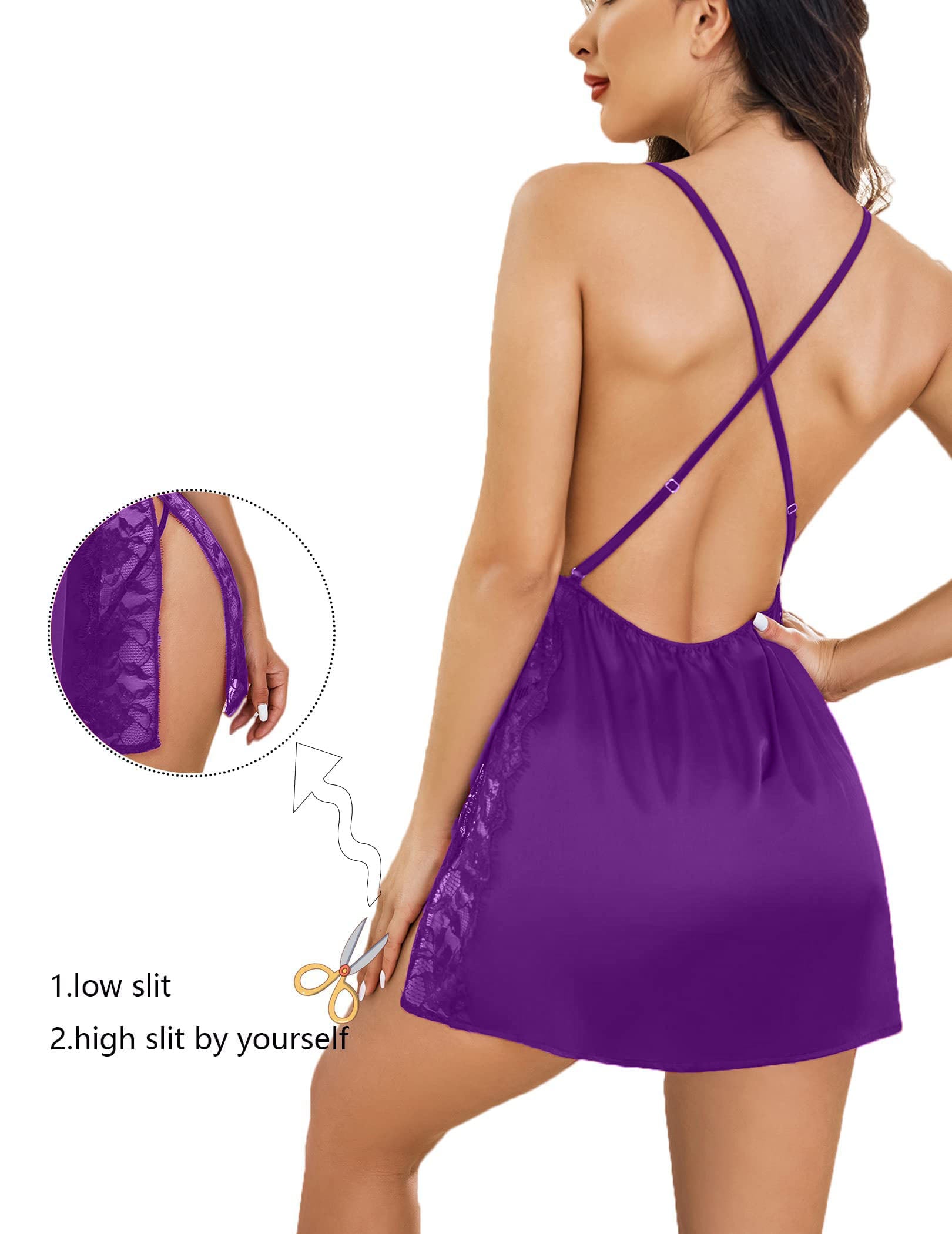 Women’s Lace Babydoll Nightdress – Deep V Neck with Adjustable Side Slit (Purple)