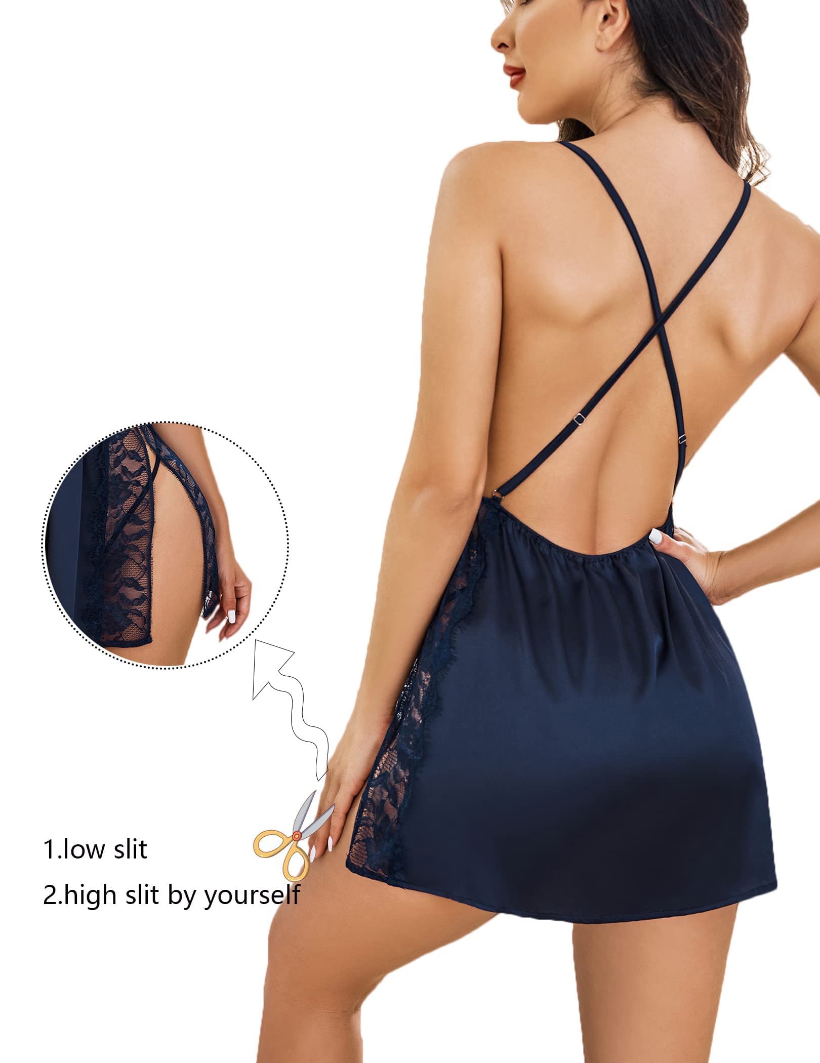 Women’s Lace Babydoll Nightdress – Deep V Neck with Adjustable Side Slit Navy Blue