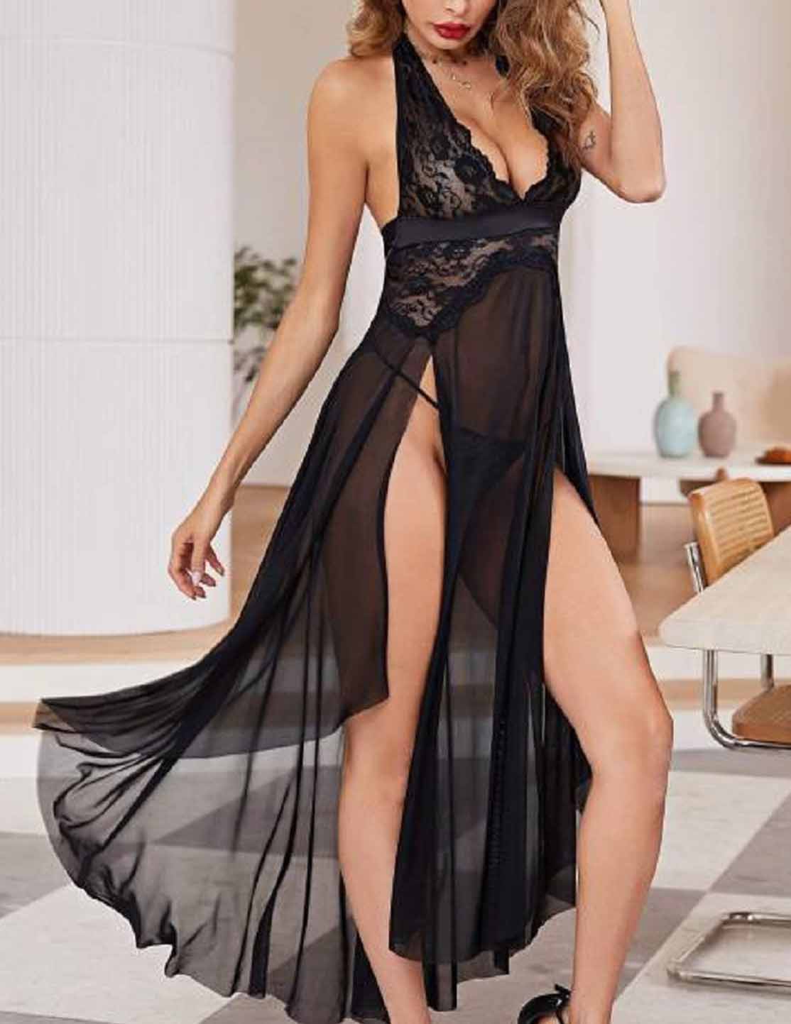 The Midnight Temptress Black Lace Halter Gown with Double Slits