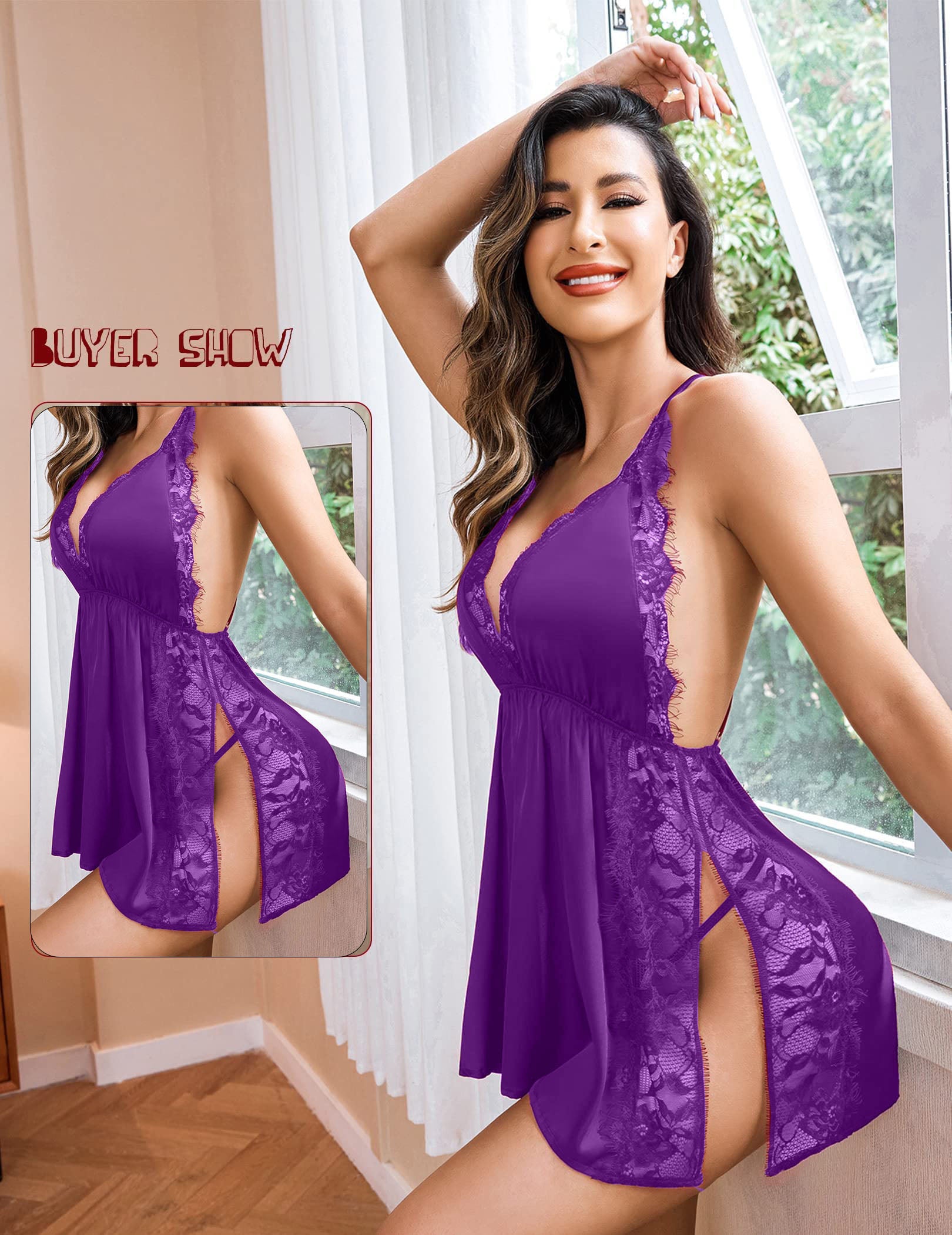 Women’s Lace Babydoll Nightdress – Deep V Neck with Adjustable Side Slit (Purple)