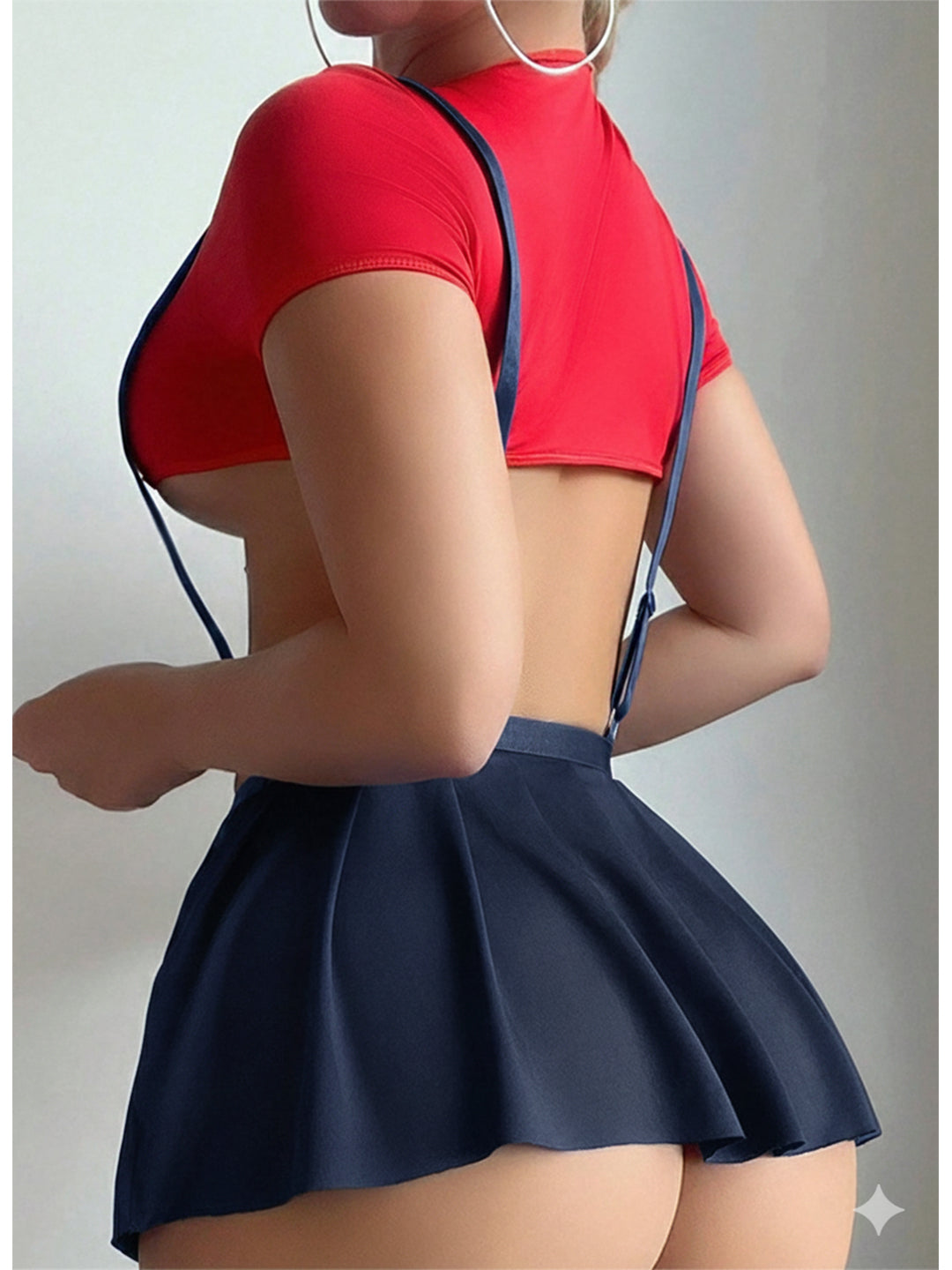Honeydoll Playful Charm Navy Blue Pleated Suspender Mini Skirt | Yellow Button Details