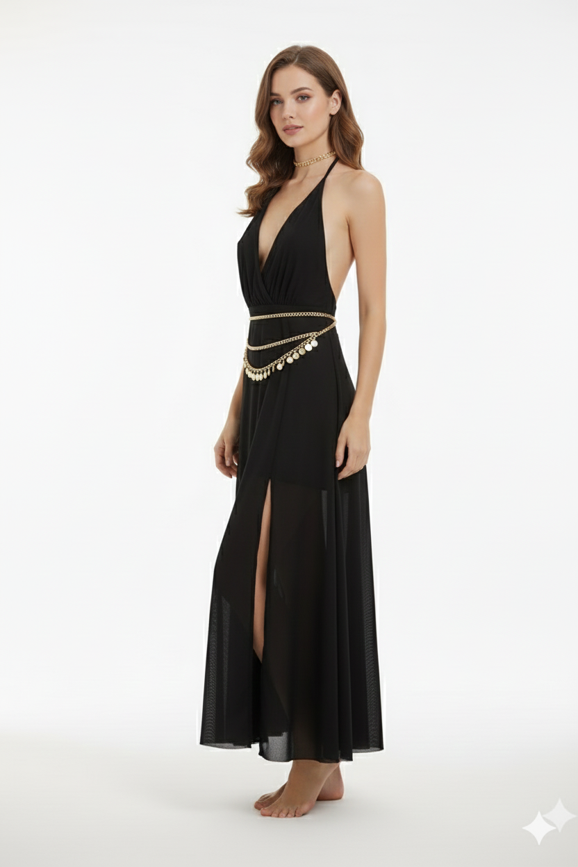 Women’s Black Deep V-Neck Slit Maxi Dress with Gold Chain Belt | Party & Resort Wear