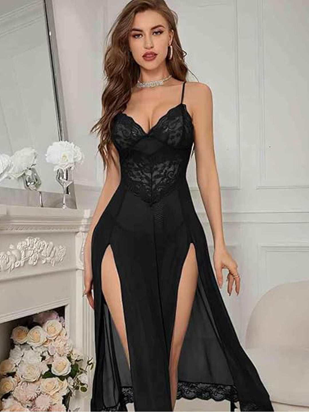 The ‘Scarlet’ Black Lace Bodice Floor-Length Lingerie Gown
