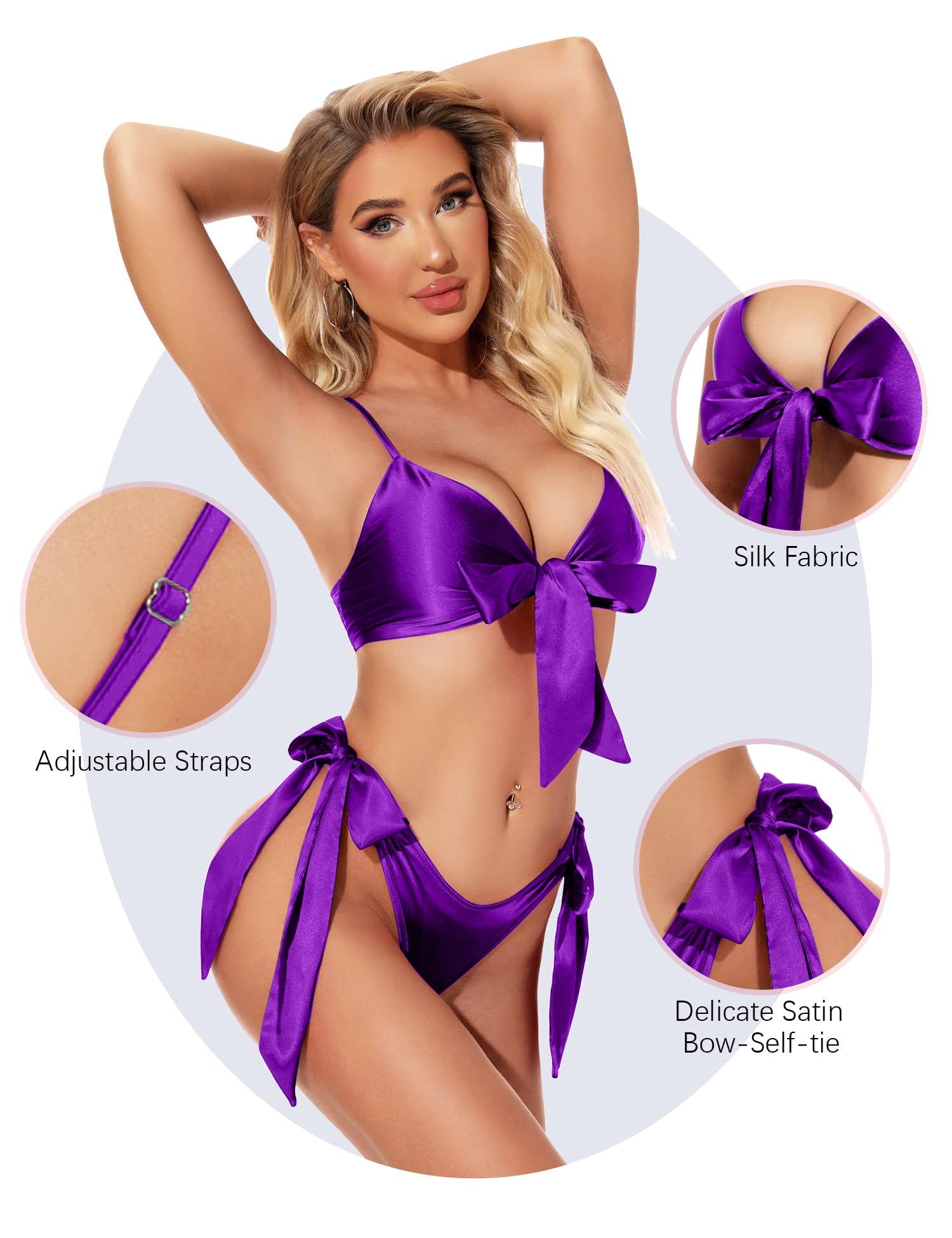 Honeydoll Blush Silk-Satin Tie-Up Bikini Set - Luxury 2-Piece Nightwear Purple