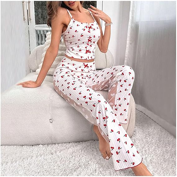 Honeydoll Back Transperent Heart Charm Ribbed Nightwear Set – Premium Cami Top & Lounge Pants