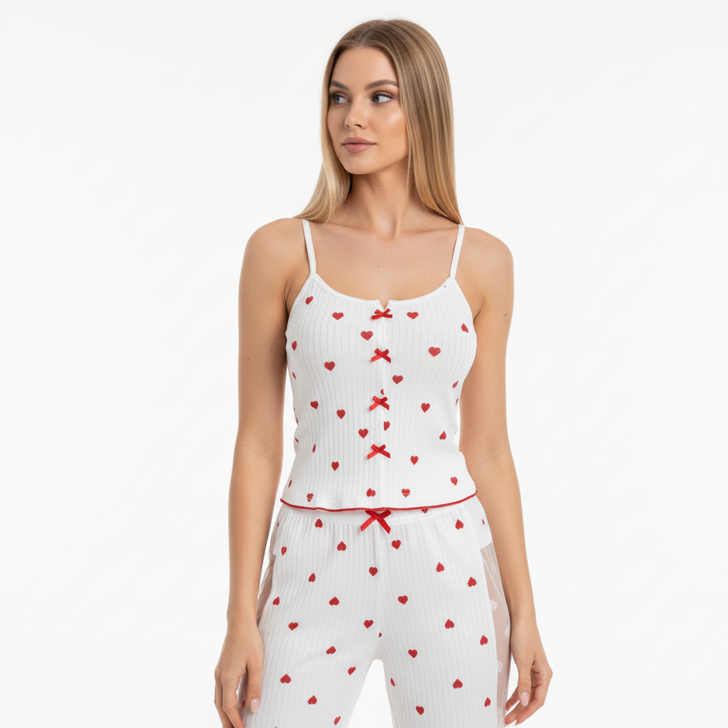 Honeydoll Heart Charm Ribbed Nightwear Set – Premium Cami Top & Lounge Pants
