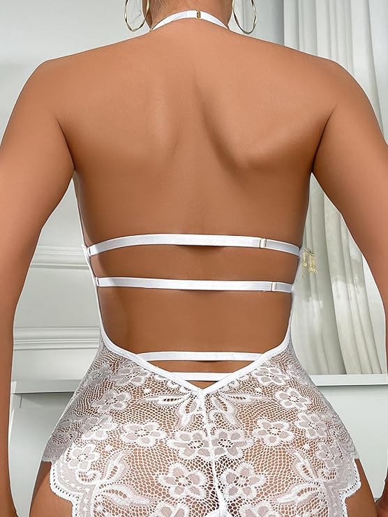 Dream Love Women Lace Teddy Lingerie One Piece Sexy Strappy Bodysuit Naughty Babydoll White