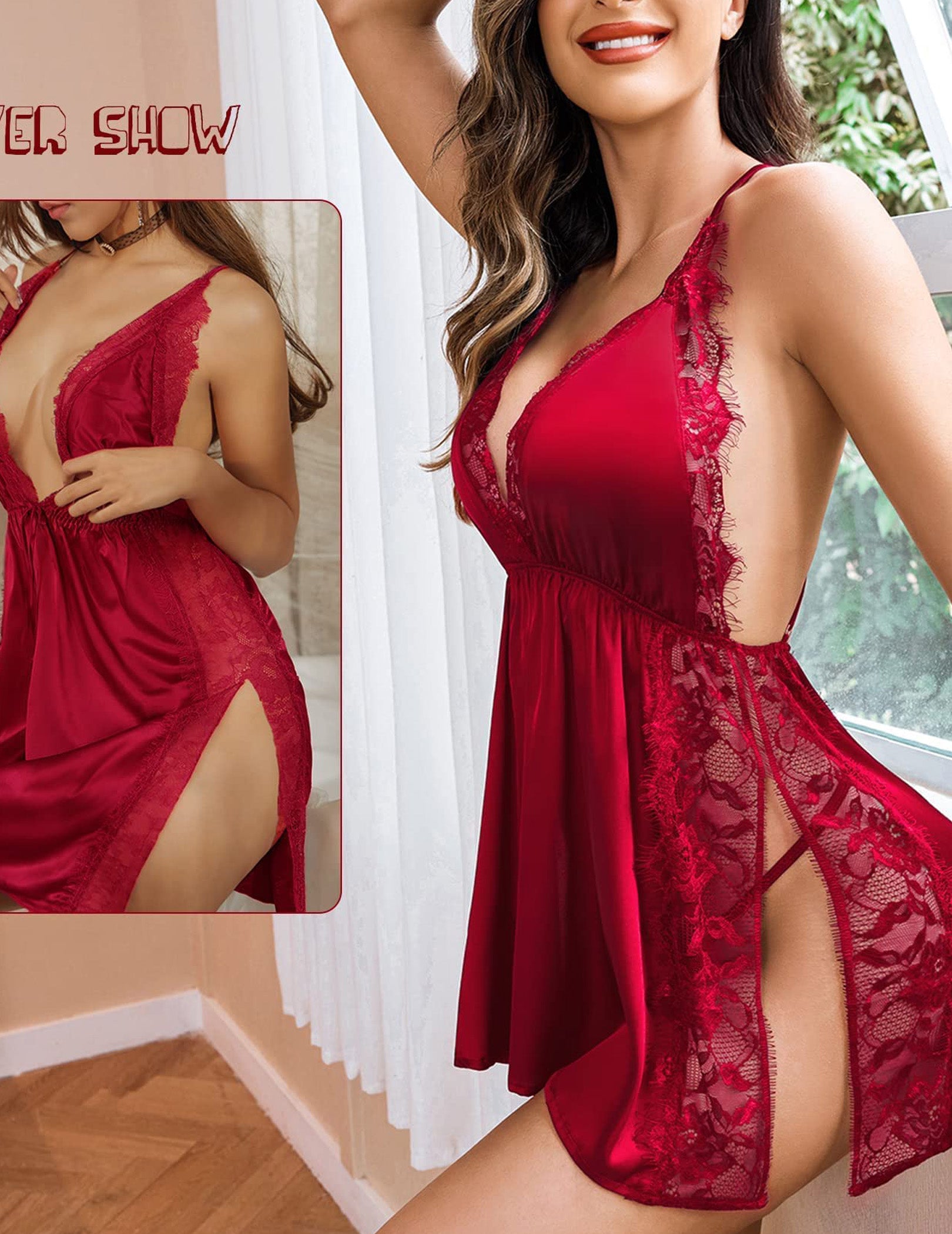 Women’s Marron Lace Babydoll Nightdress – Deep V Neck with Adjustable Side Slit