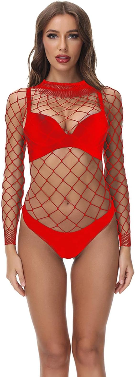 Women Red Fishnet Full Sleeve Bodysuit Transparent Stretchable Mesh Lingerie Nightwear (Free Size)