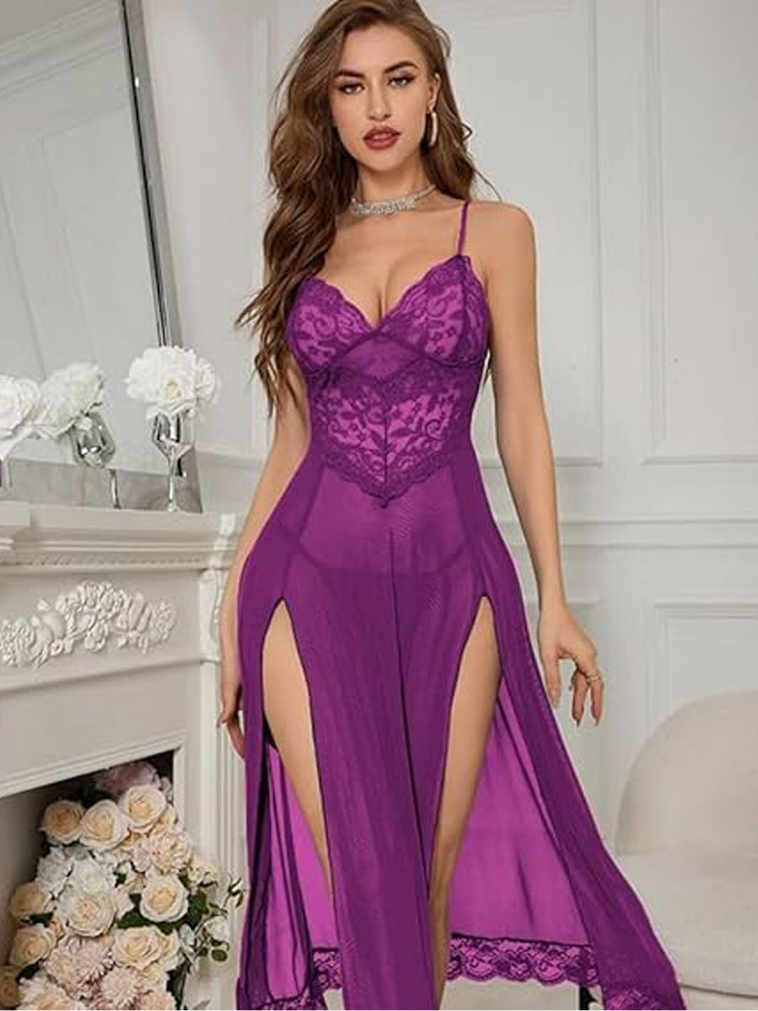 Purple Lace Bodice Floor-Length Lingerie Gown
