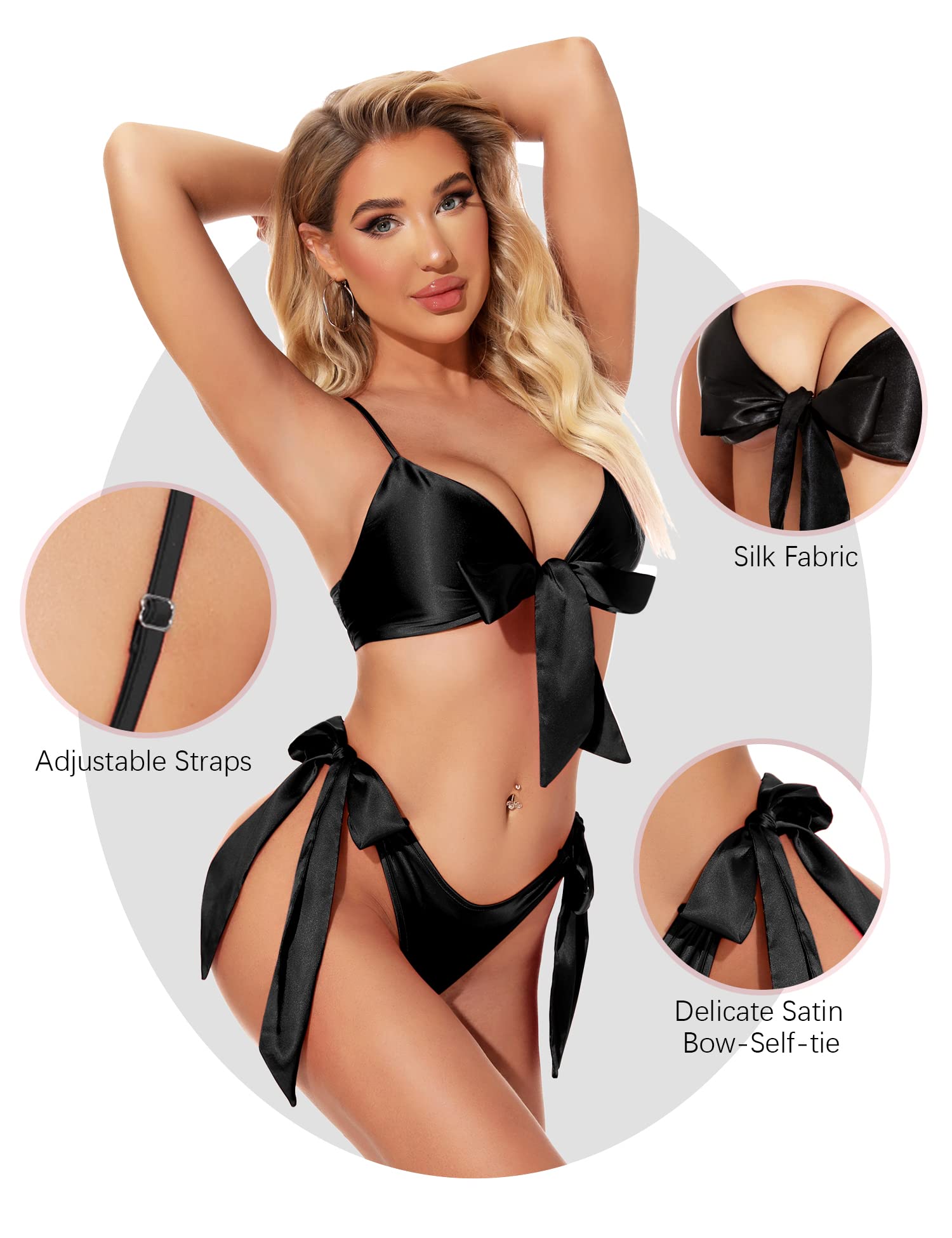 Honeydoll Blush Silk-Satin Tie-Up Bikini Set - Luxury 2-Piece Nightwear Black