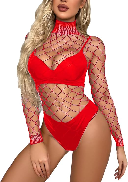 Women Red Fishnet Full Sleeve Bodysuit Transparent Stretchable Mesh Lingerie Nightwear (Free Size)