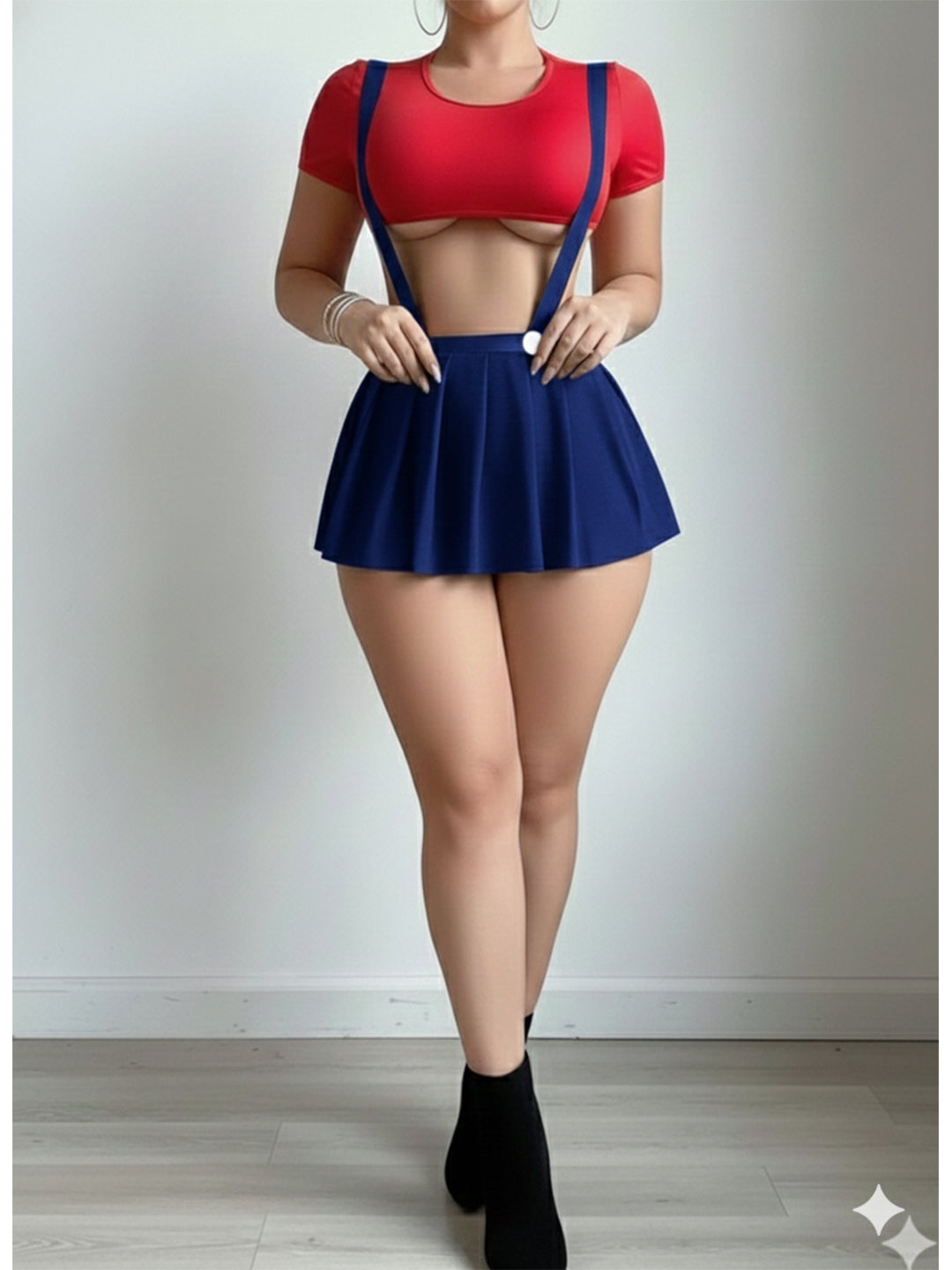 Honeydoll Playful Charm Navy Blue Pleated Suspender Mini Skirt | Yellow Button Details